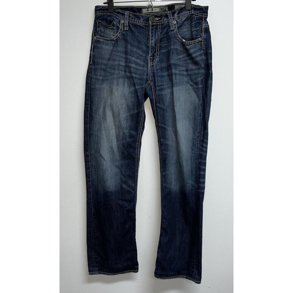 BKE Buckle Mens Derek Straight Denim Blue Jeans Size 31 R Dark Wash Thick Stitch